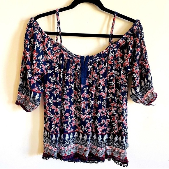 JAPNA Navy Batik Off Shoulder Flowy Floral Top - Picture 1 of 9